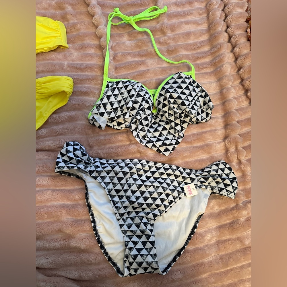 Black and White Geometric Bikini with Neon Accents Victoria’s Secret PINK